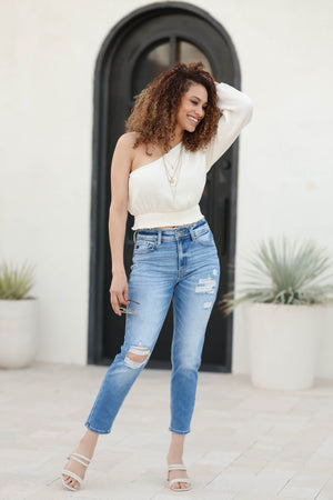 KAN CAN Emma High-Rise Mom Jeans - Light Wash closet candy womens raw edge straight mom denim 1 front