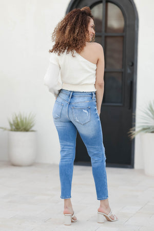 KAN CAN Emma High-Rise Mom Jeans - Light Wash closet candy womens raw edge straight mom denim back