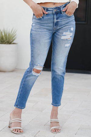 KAN CAN Emma High-Rise Mom Jeans - Light Wash closet candy womens raw edge straight mom denim 1