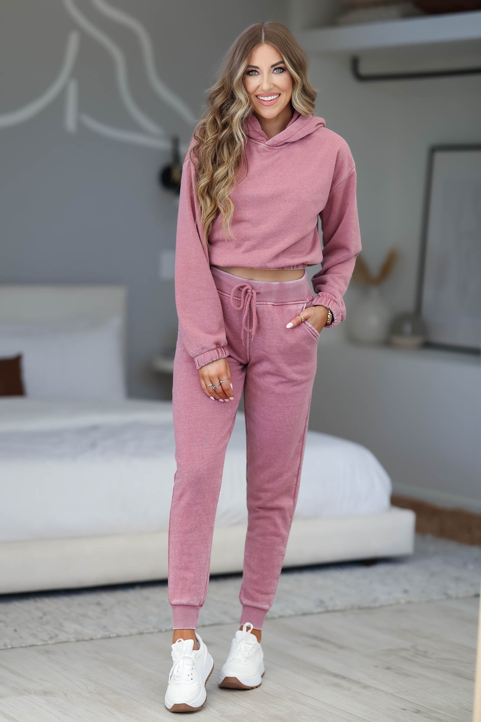 Work From Home Loungewear - Vintage Mauve closet candy womens trendy long sleeve cropped banded sleeves and hem hoodie and matching elastic waist drawstring banded hem joggers with side pockets front