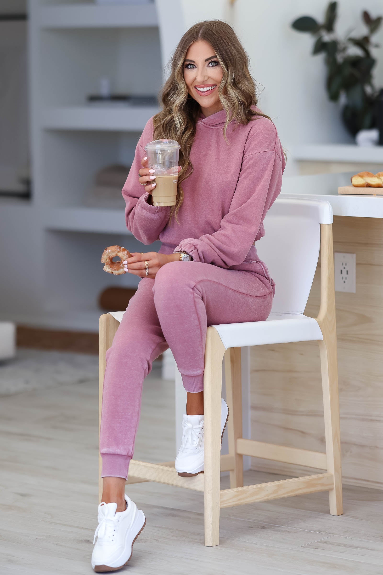 Work From Home Loungewear - Vintage Mauve closet candy womens trendy long sleeve cropped banded sleeves and hem hoodie and matching elastic waist drawstring banded hem joggers with side pockets front