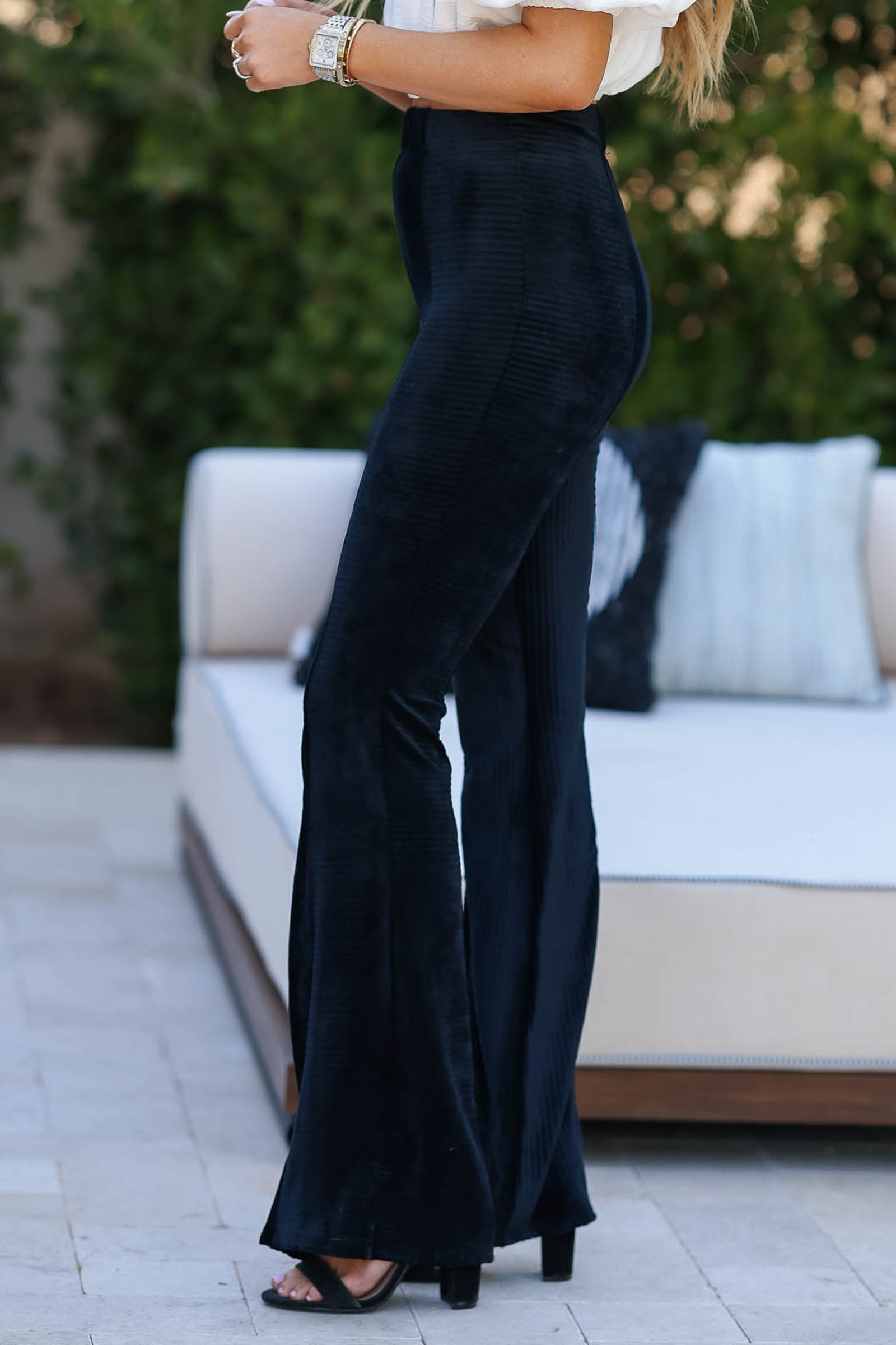 Headstrong Velvet Pants - Black closet candy womens trendy velvet ribbed contrast elastic waistband flared pants side