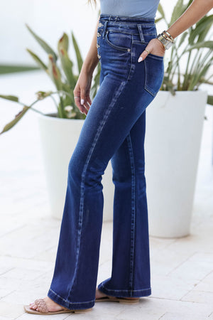 KAN CAN Arlo High Rise Curvy Flare Jeans - Dark Wash closet candy womens trendy high rise button fly curvy flare jeans side