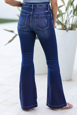 KAN CAN Arlo High Rise Curvy Flare Jeans - Dark Wash closet candy womens trendy high rise button fly curvy flare jeans back