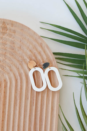 Panama Geometric Earrings - White closet candy womens trendy gold detail white wood oval statement drop earrings 2