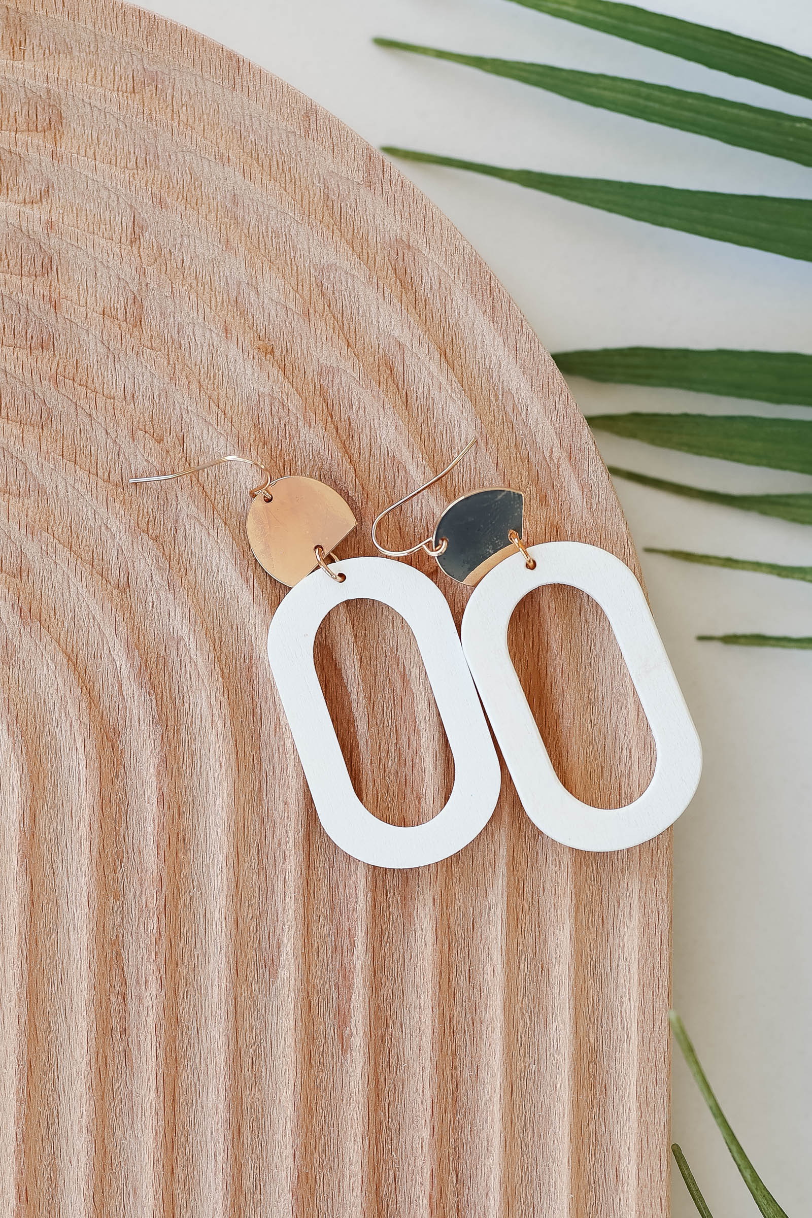 Panama Geometric Earrings - White closet candy womens trendy gold detail white wood oval statement drop earrings 1