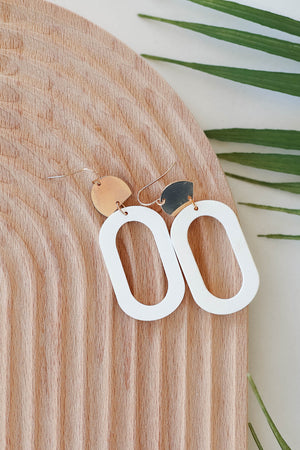 Panama Geometric Earrings - White closet candy womens trendy gold detail white wood oval statement drop earrings 1