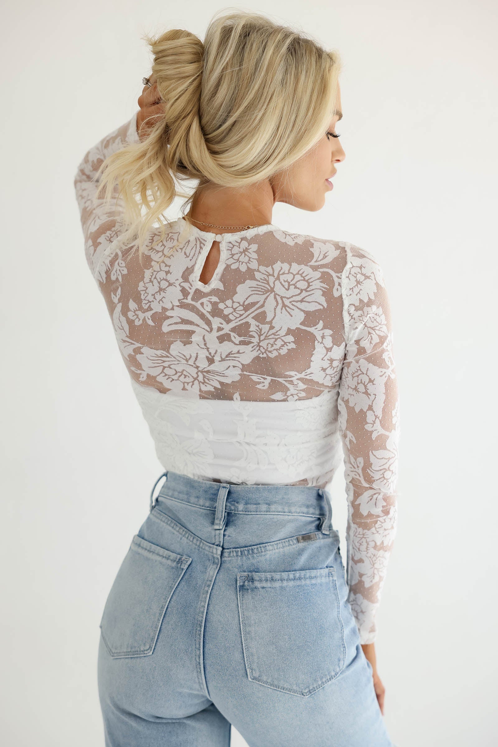 White Lace Long Sleeve Bodysuit, Tops