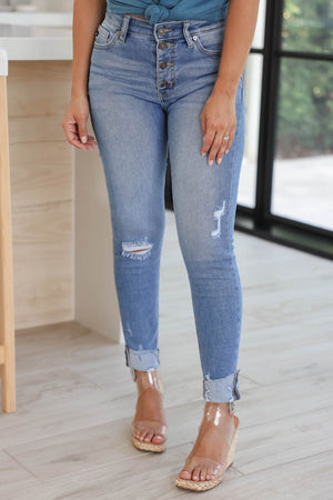 KAN CAN Faye Exposed Button Skinny Jeans - Light Wash closet candy women's trendy distressed 5 pocket design exposed 4-button fly raw hem skinny jeans front 2