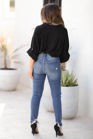 FLYING MONKEY Ashlyn High Rise Skinny Jeans - Medium Wash closet candy women's trendy high rise distressed 5 pocket zip fly deserted hem ankle skinny jeans back
