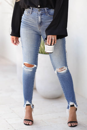 FLYING MONKEY Ashlyn High Rise Skinny Jeans - Medium Wash closet candy women's trendy high rise distressed 5 pocket zip fly deserted hem ankle skinny jeans front 3