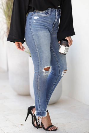 FLYING MONKEY Ashlyn High Rise Skinny Jeans - Medium Wash closet candy women's trendy high rise distressed 5 pocket zip fly deserted hem ankle skinny jeans side