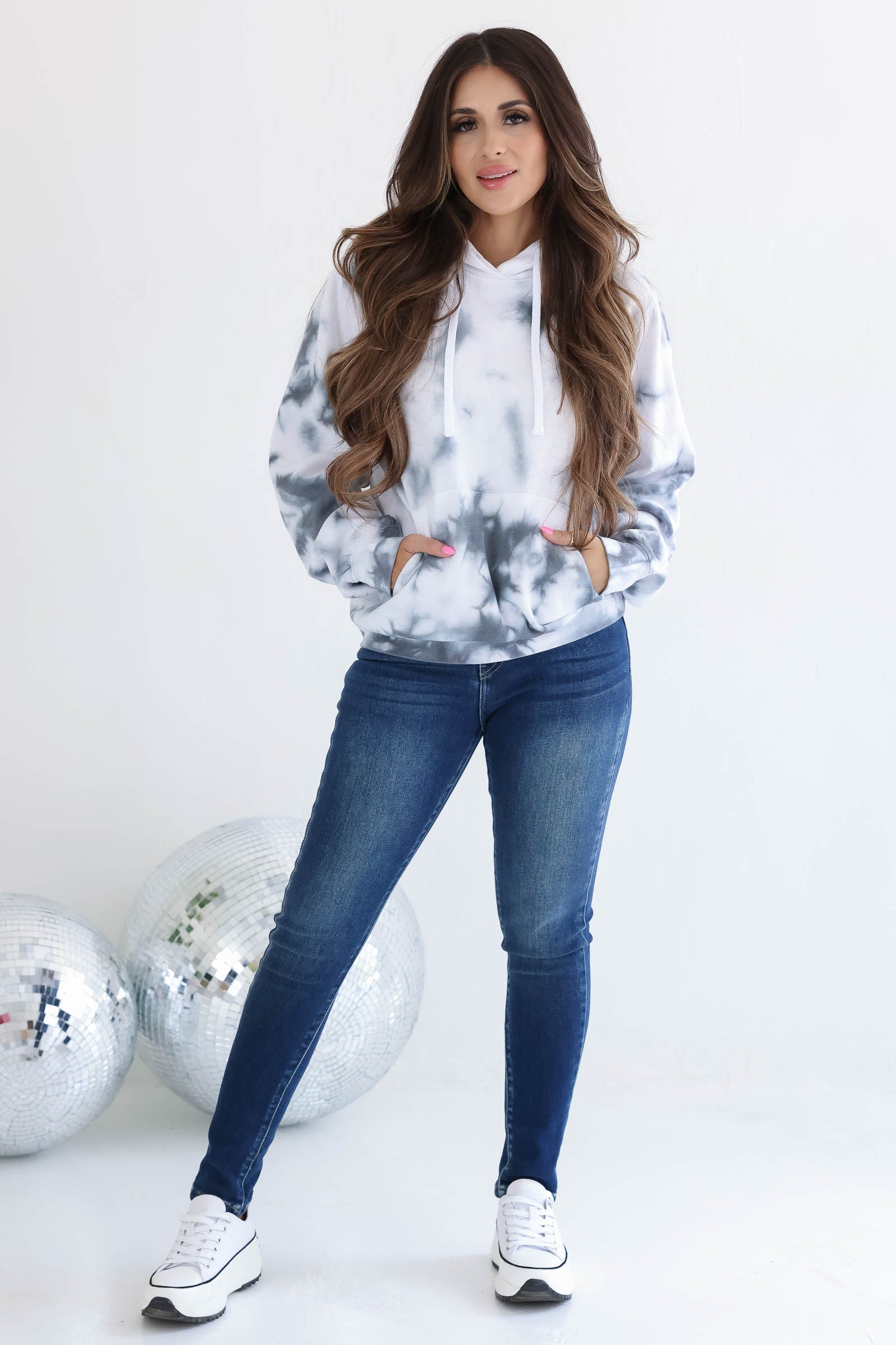 Date With Cozy Fleece Tye Die Hoodie - White and Grey, closet candy, 1