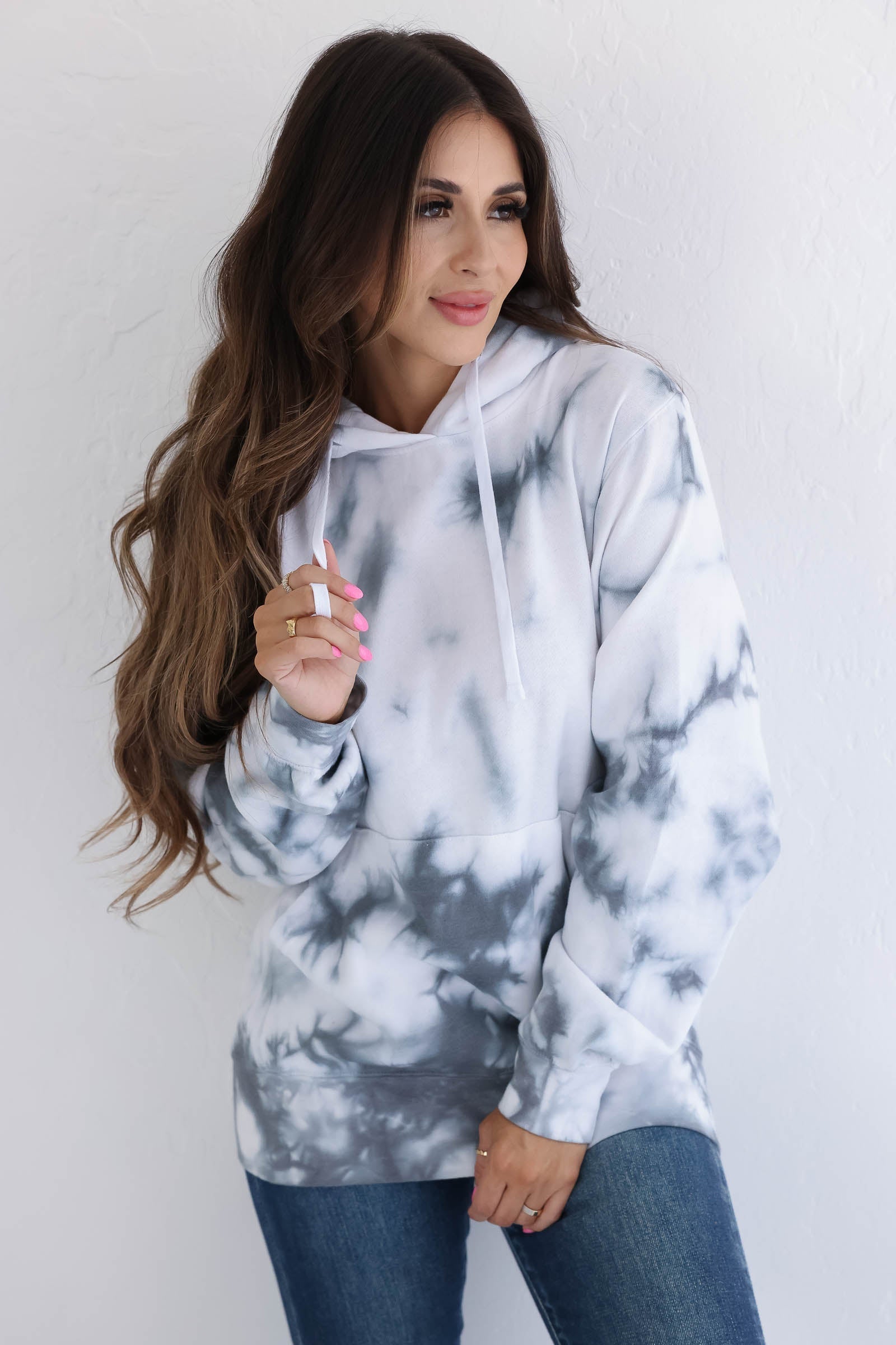 Date With Cozy Fleece Tye Die Hoodie - White and Grey, closet candy, 1