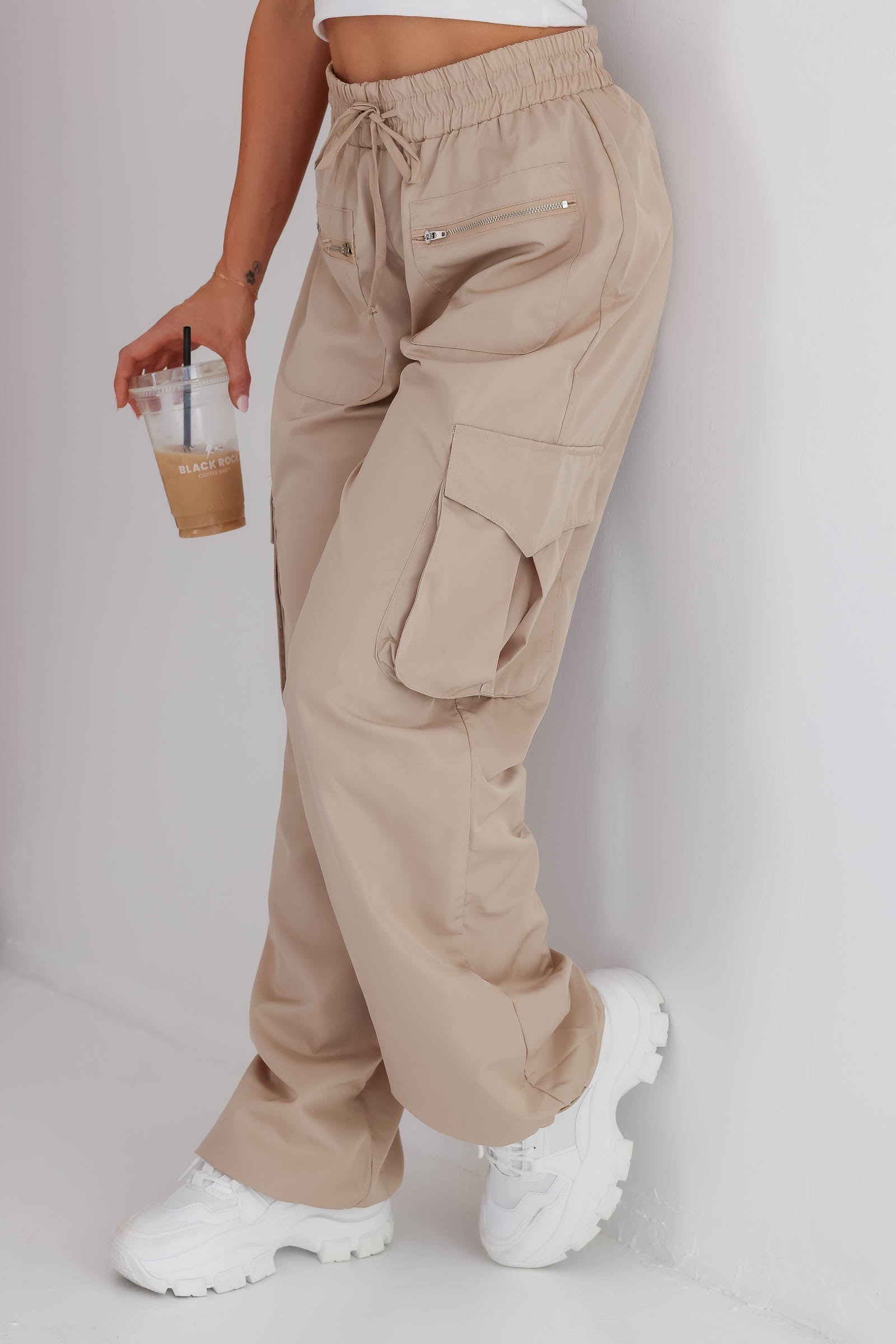 Ella High Rise Nylon Cargo Pants With Zippers - Sand, Closet Candy, 1