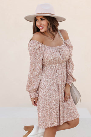 Hold Me Tight Floral Dress - Clay closet candy women's trendy 3/4 sleeve square neck elastic waist ruffled hem sleeve floral dress side