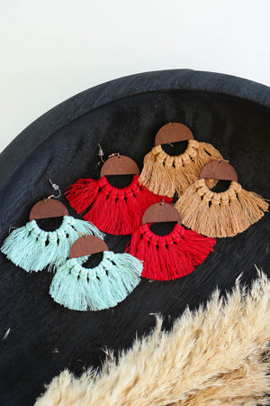 Boho Soul Tassel Fringe Earrings - Mint closet candy women's trendy wood circle fringe tassel hook closure handmade tassel earrings 2