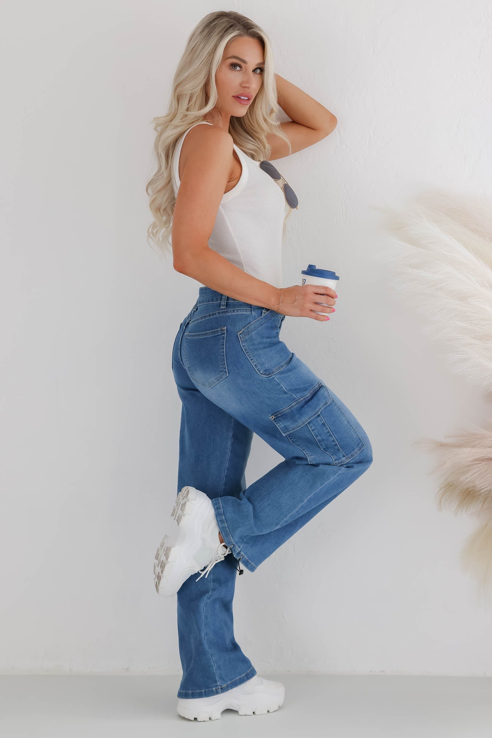 Jayda Low Rise Cargo Jeans with Bungee Hem - Medium Wash, Closet Candy, 1