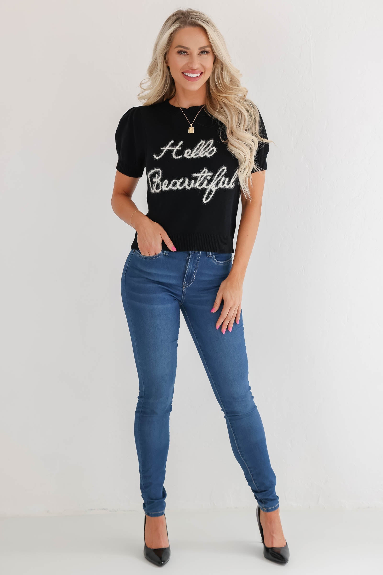 Hello Beautiful Embroidered Sweater Top - Black closet candy 1