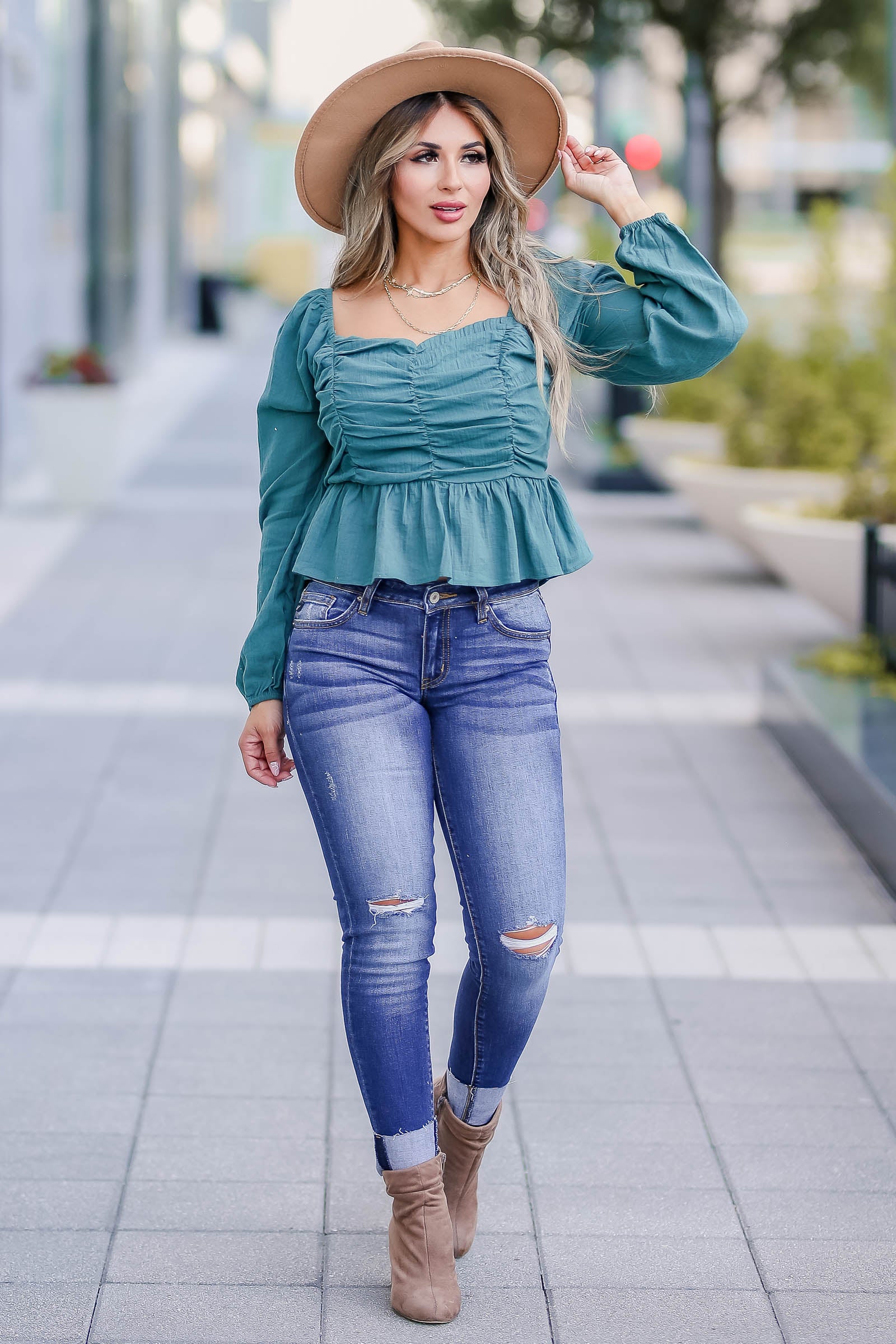 Belle of the Ball Long Sleeve Top - Teal closet candy womens trendy crinkled muslin square neck long sleeve peplum top front