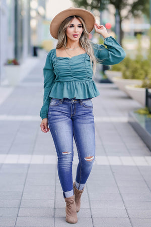 Belle of the Ball Long Sleeve Top - Teal closet candy womens trendy crinkled muslin square neck long sleeve peplum top front 2