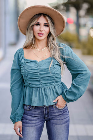 Belle of the Ball Long Sleeve Top - Teal closet candy womens trendy crinkled muslin square neck long sleeve peplum top front 3