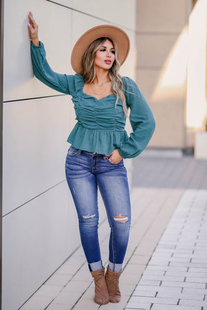Belle of the Ball Long Sleeve Top - Teal closet candy womens trendy crinkled muslin square neck long sleeve peplum top front 4