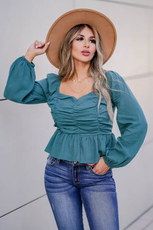 Belle of the Ball Long Sleeve Top - Teal closet candy womens trendy crinkled muslin square neck long sleeve peplum top front