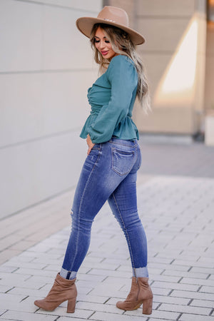 Belle of the Ball Long Sleeve Top - Teal closet candy womens trendy crinkled muslin square neck long sleeve peplum top side