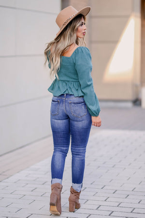 Belle of the Ball Long Sleeve Top - Teal closet candy womens trendy crinkled muslin square neck long sleeve peplum top back
