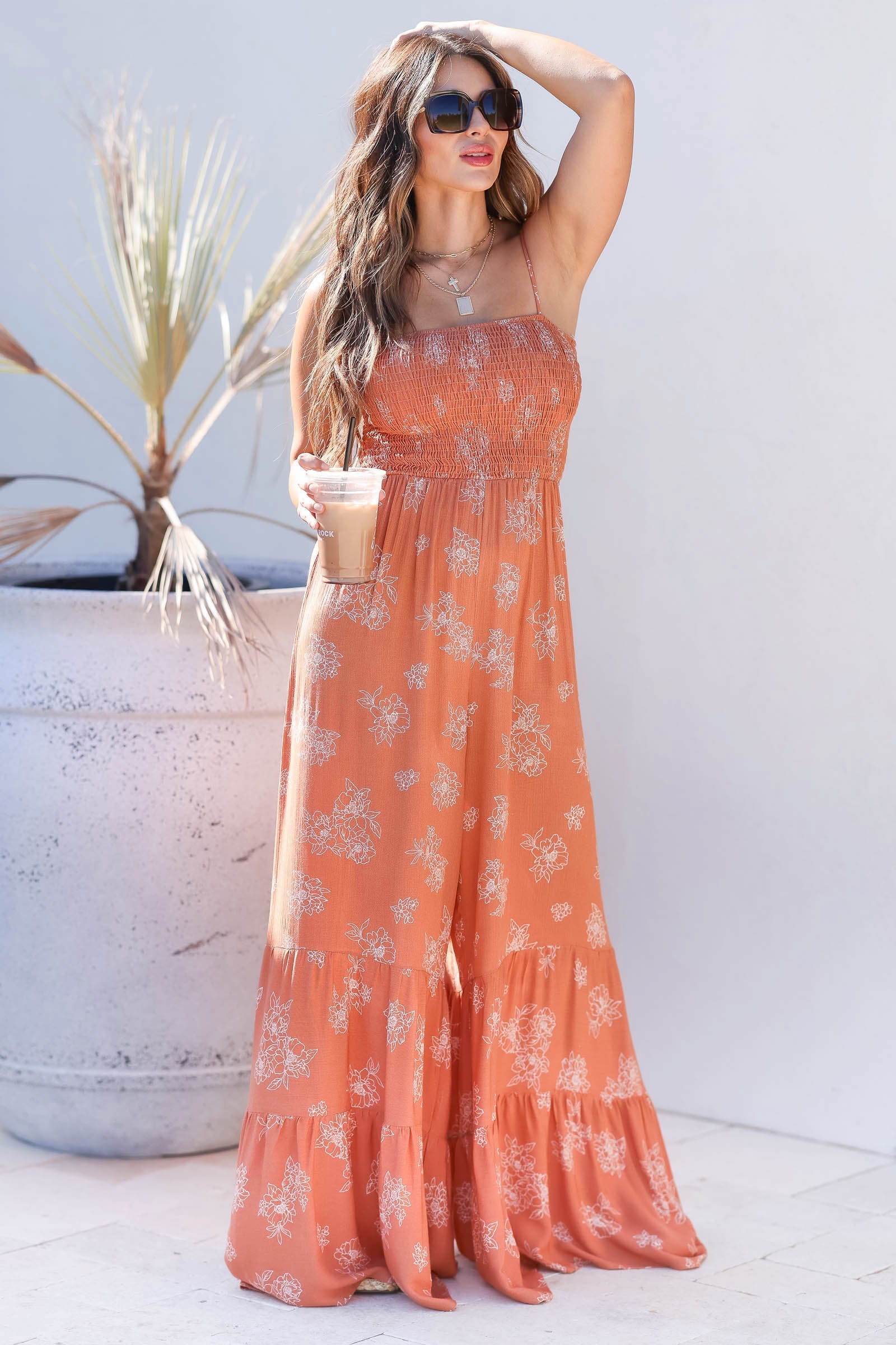 He Said She  Said Smocked Jumpsuit - Light Rust closet candy women's trendy sleeveless adjustable strap smocked bodice tiered ruffled wide leg floral jumpsuit front