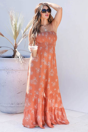 He Said She  Said Smocked Jumpsuit - Light Rust closet candy women's trendy sleeveless adjustable strap smocked bodice tiered ruffled wide leg floral jumpsuit front