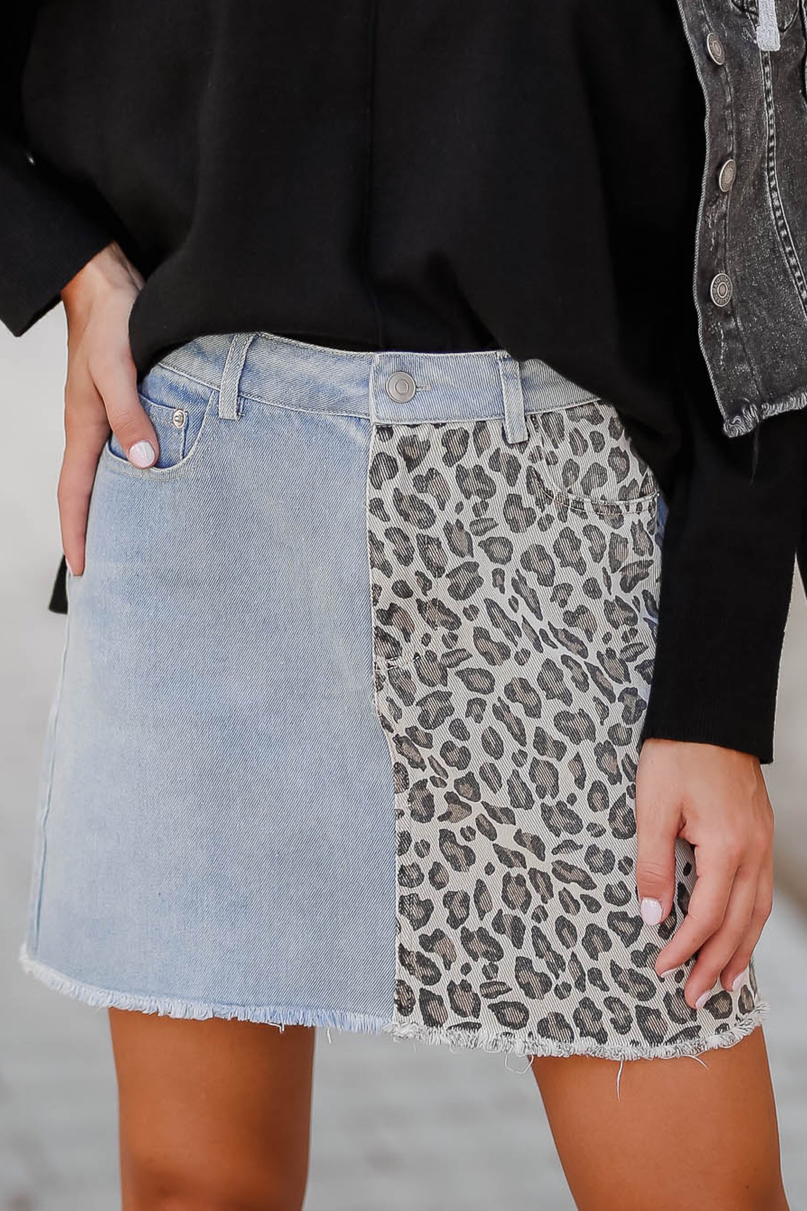 True Colors Leopard Print Denim Skirt - Light Wash closet candy womens trendy raw hem jean skirt with leopard print contrast front