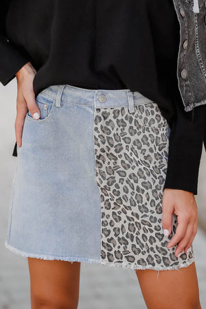 True Colors Leopard Print Denim Skirt - Light Wash closet candy womens trendy raw hem jean skirt with leopard print contrast front