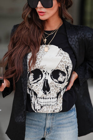Leopard Lightning Skull Graphic Tee - Black , Closet Candy , 1