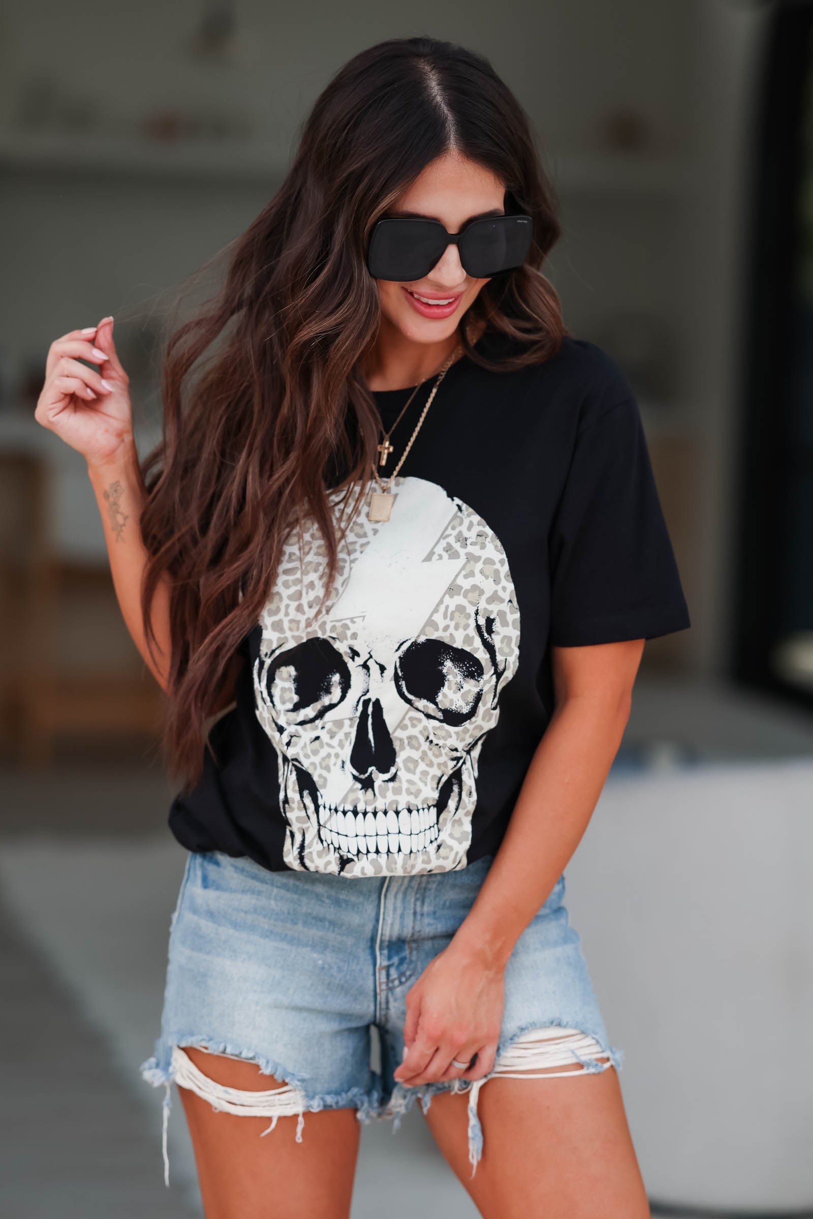 Leopard Lightning Skull Graphic Tee - Black , Closet Candy , 1