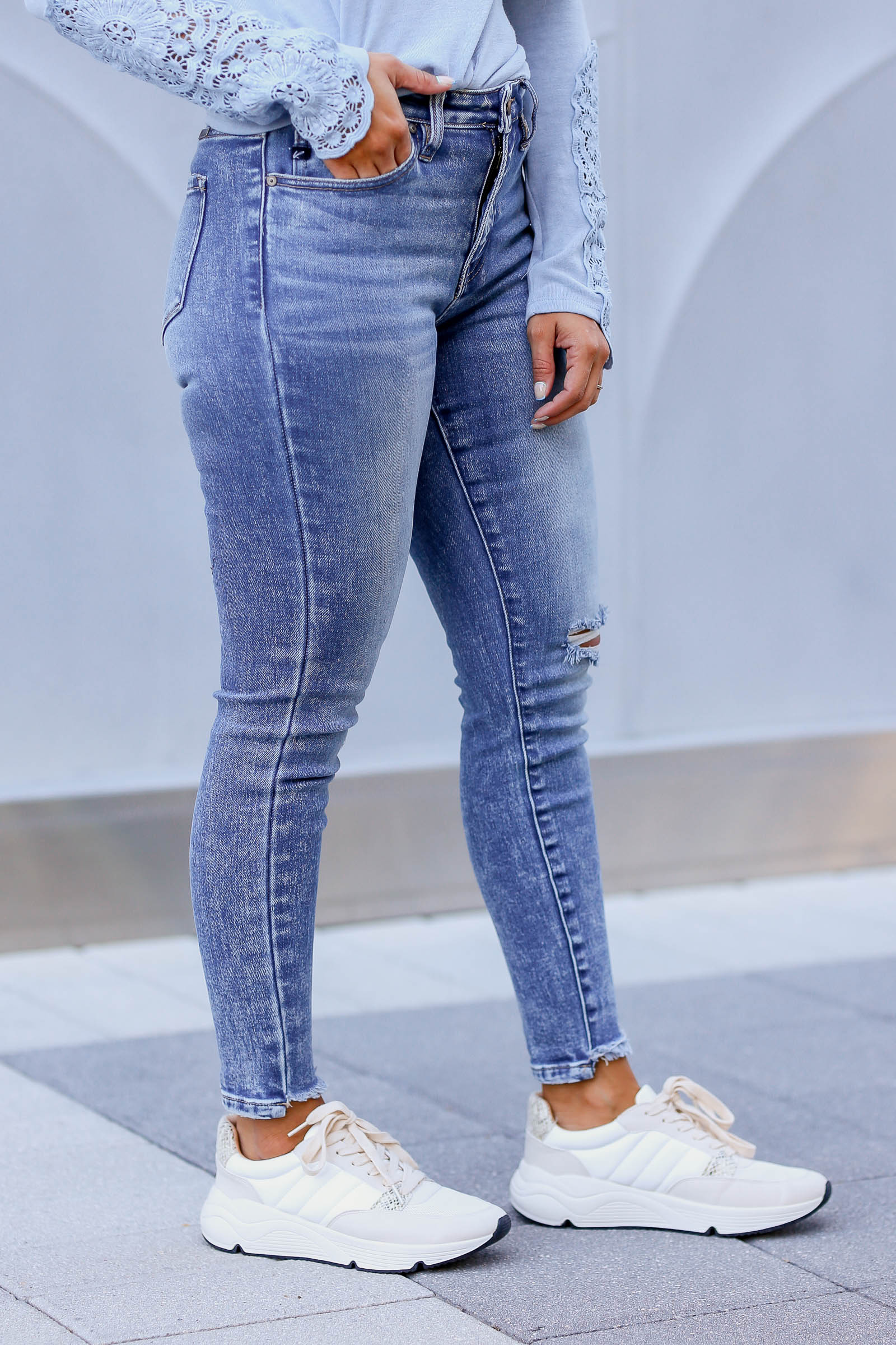 KAN CAN Aria High Rise Skinny Jeans - Medium Acid Wash closet candy womens trendy raw hem distressed acid wash skinny jeans front