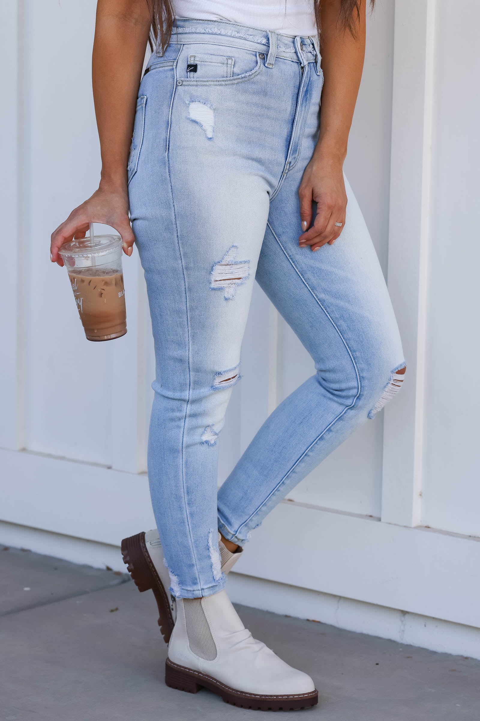 Kan Can Dakota High Rise Ankle Skinny Jeans - Light Wash closet candy women's trendy high rise faded distressed 5 pocket button closure zip fly ankle skinny jeans front