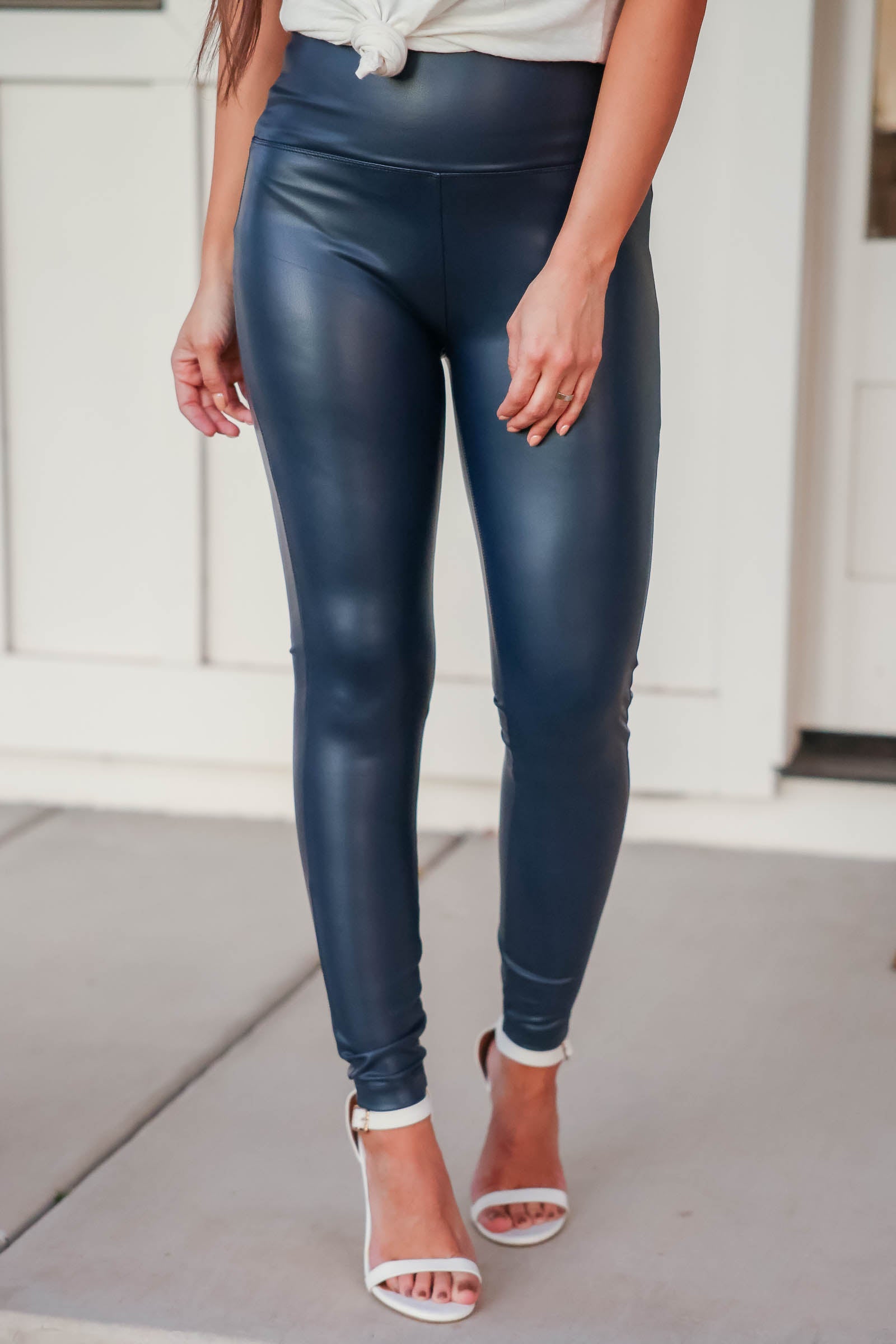 Melody Blue Leather Trousers Mid Waisted Vegan Leather Leggings