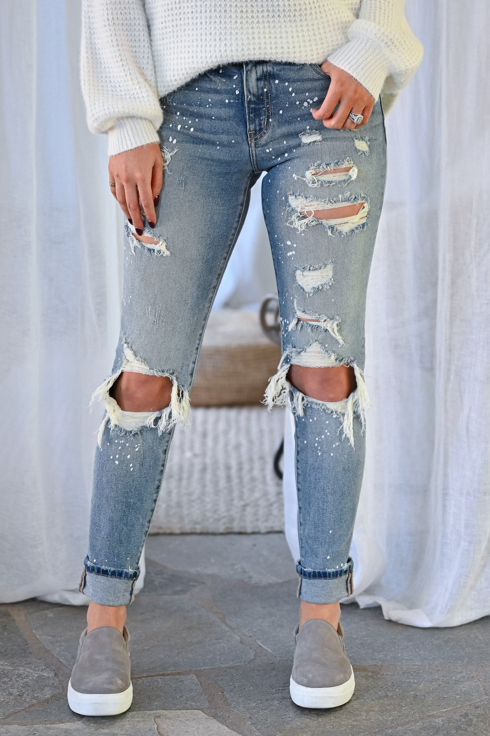 KAN CAN Jenna Distressed Skinny Jeans - Light Wash womens trendy paint splatter high rise distressed denim closet candy front