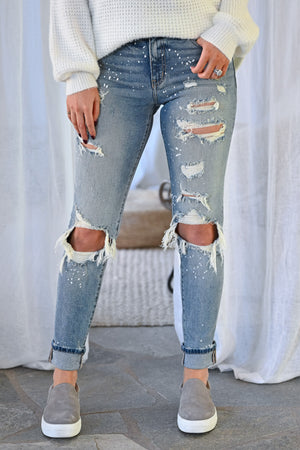 KAN CAN Jenna Distressed Skinny Jeans - Light Wash womens trendy paint splatter high rise distressed denim closet candy front