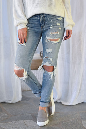KAN CAN Jenna Distressed Skinny Jeans - Light Wash womens trendy paint splatter high rise distressed denim closet candy front 2