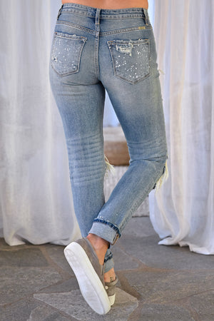 KAN CAN Jenna Distressed Skinny Jeans - Light Wash womens trendy paint splatter high rise distressed denim closet candy back
