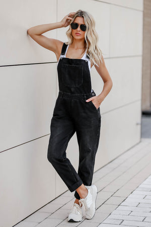 RISEN Valentina Distressed Overalls - Black closet candy womens trendy distressed denim racerback overall jeans front 2