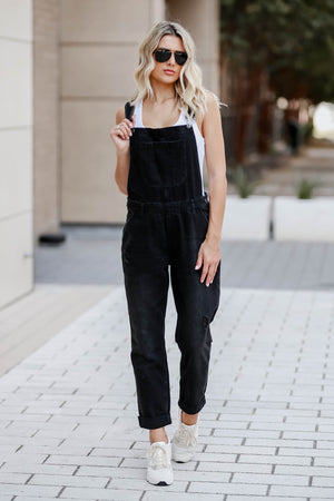 RISEN Valentina Distressed Overalls - Black closet candy womens trendy distressed denim racerback overall jeans front
