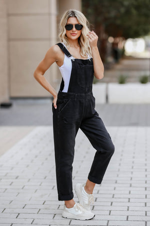 RISEN Valentina Distressed Overalls - Black closet candy womens trendy distressed denim racerback overall jeans side 2