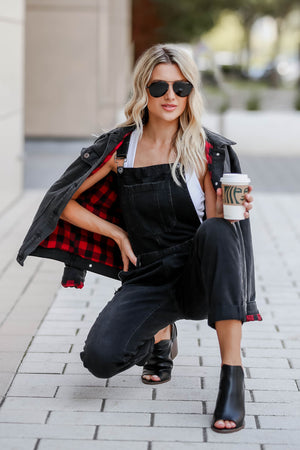 RISEN Valentina Distressed Overalls - Black closet candy womens trendy distressed denim racerback overall jeans front 3