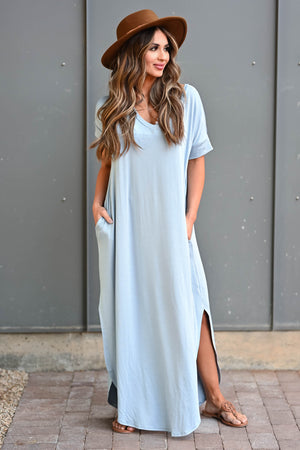 I'll Be By The Pool Maxi Dress - Sky Blue women's maxi dress featuring v-neckline, short dolman sleeves, side pockets, and rounded bottom hem with side slit detail closet candy front 2
