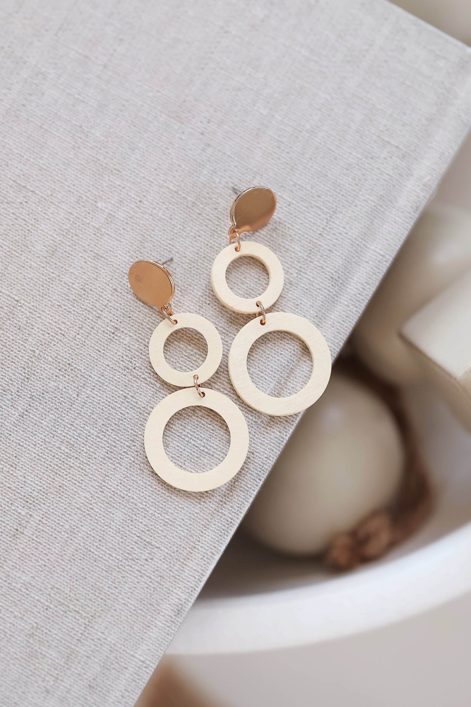 Panama Geometric Earrings - Cream closet candy women's trendy gold detail double wood circle push back closure geometric drop earring 2