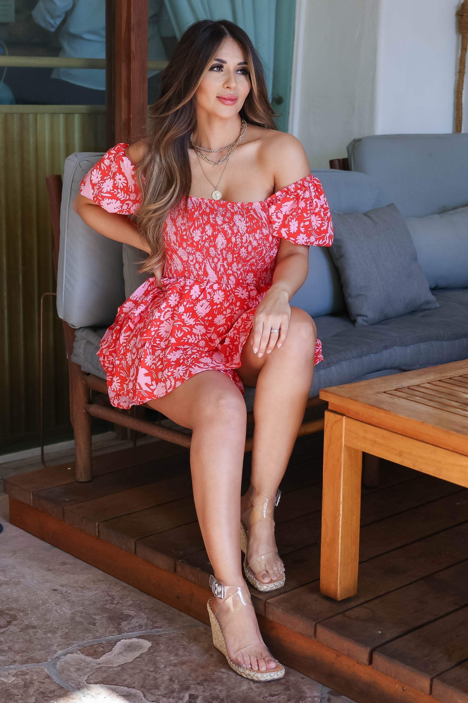 Serendipity Smocked Romper - Red closet candy women's trendy square neck smocked bodice puff sleeve tiered ruffle hem floral romper sitting